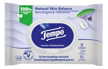 Die neuen Tempo Natural Skin Balance herunterspülbare Toilettentücher