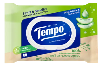 Tempo feuchte Toilettentücher, das 1. mit Flachs-Anteil in Deutschland, Österreich und der Schweiz.