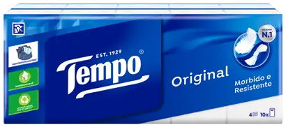 Immagine frontale dei fazzoletti Tempo Original nell’iconico pacco blu con il logo “morbidi e resistenti