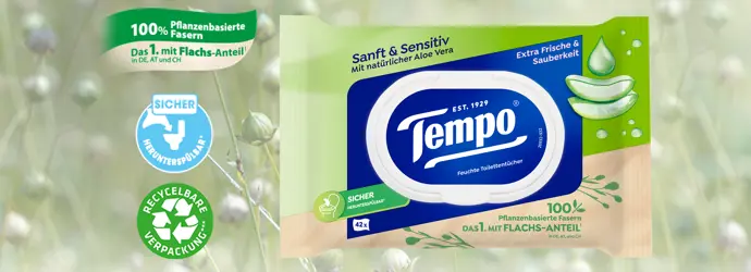 Tempo feuchte Toilettentücher, das 1. mit Flachs-Anteil in Deutschland, Österreich und der Schweiz.