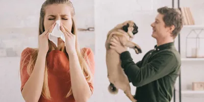 Eine Frau niest während ein Mann im Hintergrund einen Mops in der Hand hält