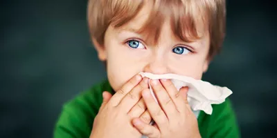 Ein Junge mit Hausstauballergie hält sich ein Taschentuch vor die Nase