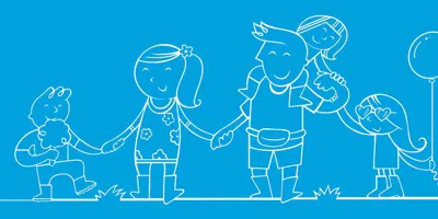 Geïllustreerde familie op een festival houdt elkaars handen vast met een ballon en suikerspin