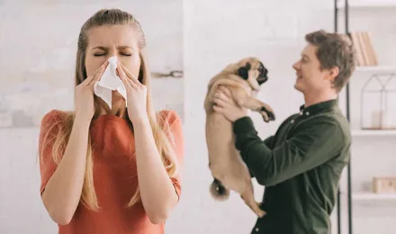 Vrouw niest terwijl een man in de achtergrond een mopshond vasthoudt