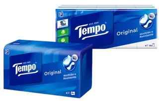 Un collage di due confezioni Tempo Original con il logo Tempo ben visibile e il testo bianco su sfondo blu