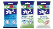 Drei Tempo Handtuch-Varianten in wiederverschließbaren Verpackungen: beruhigend, hygienisch und reinigend.