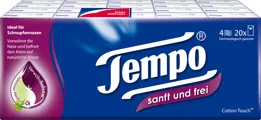Tempo „sanft und frei“ Box für Erkältungen mit Cotton Touch Taschentüchern und beruhigendem Balsam.