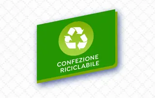 Etichetta verde con il simbolo del riciclo e il testo “Confezione Riciclabile” che indica una confezione riciclabile.