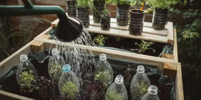 Kleine Pflänzchen, die in wiederverwendeten Plastikflaschen in einem Hochbeet heranwachsen werden mit einer Gießkanne gegossen.