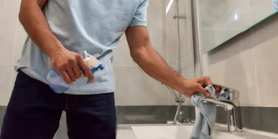 Un uomo pulisce il lavandino di un bagno moderno usando un detergente fai-da-te.