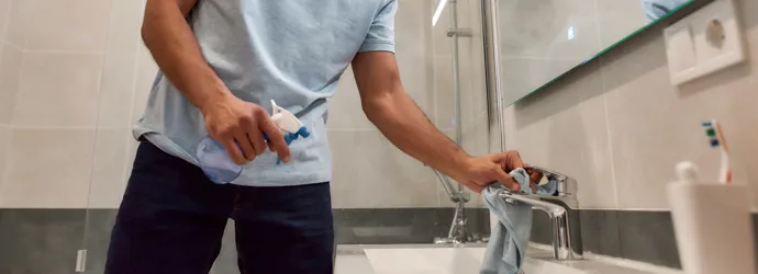Un uomo pulisce il lavandino di un bagno moderno usando un detergente fai-da-te.