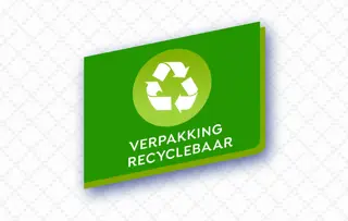 Groen label met een recyclingsymbool en de tekst “Verpakking Recyclebaar” voor een recyclebare verpakking.