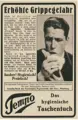 Alte Tempo Werbung, die vor Grippe warnt; ein Mann nutzt ein Taschentuch für Hygiene und Schutz.