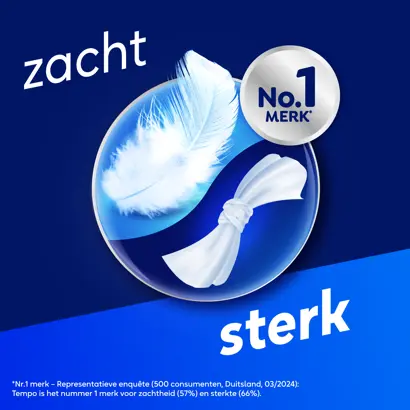Een blauw logo met een veer en een geknoopt doekje, waarnaast 'zacht' en 'sterk' geschreven staat