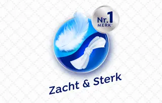 Blauw logo met een witte veer en een gebonden doek, met rechtsboven het opschrift “Nr. 1 Merk”. De tekst eronder luidt “Zacht & Sterk”.