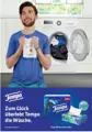 Man holds Tempo tissue by washing machine with ad text: "Luckily, Tempo survives the wash."