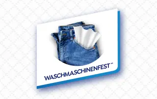 Blaues Logo mit einer Jeans, aus deren Tasche ein Taschentuch mit der Aufschrift „WASCHMASCHINENFEST“ ragt.