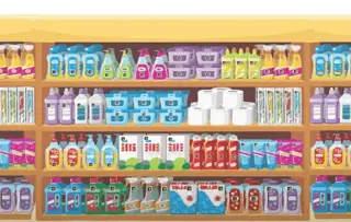 Immagine raffigurante il reparto di un negozio con in bella mostra prodotti di prima necessità, come carta igienica e detergenti per la pulizia del bagno.