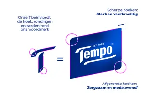 Tempo-logo logo met notities die de iconische T benadrukken, evenals de afgeronde en scherpe hoeken in het ontwerp