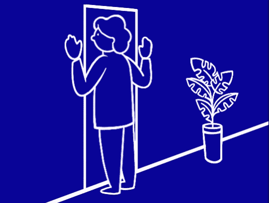 Geanimeerde GIF van een persoon die in een deuropening staat met de onderarmen tegen het deurkozijn en langzaam naar voren stapt om te rekken.