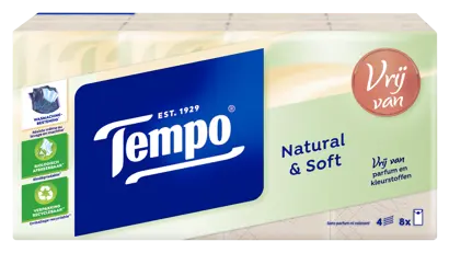 Afbeelding van een enigszins schuin geplaatste lichtgroene en beige Tempo Natural & Soft zakdoekjes