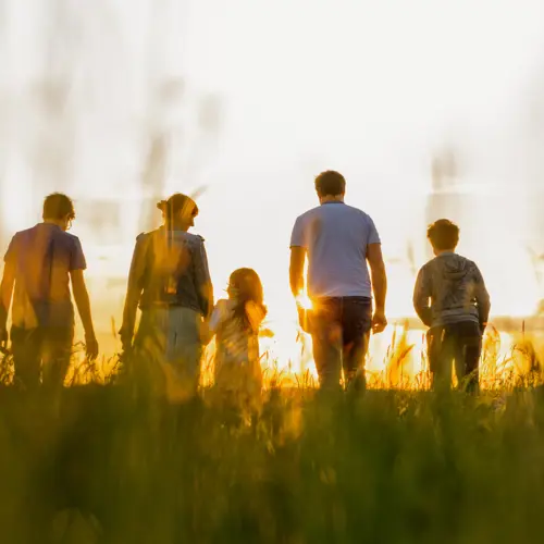 Famiglia di spalle che cammina in un campo al tramonto, avvolta da una calda luce dorata e una serena atmosfera.