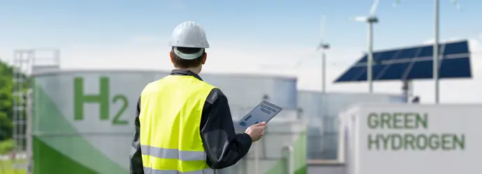 Un ingegnere di spalle con giubbotto e cappello di sicurezza davanti a un impianto con turbine eoliche.