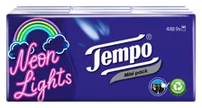 Tempo Neon Lights Mini-Pack mit Regenbogen- und Wolkenmotiv auf dunkelblauem Hintergrund.