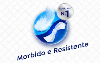 Logo blu con una piuma bianca e un panno legato, con la dicitura “Marchio N. 1” in alto a destra. Il testo sottostante recita “Morbido e Resistente”.