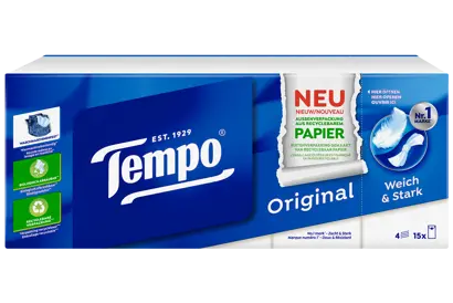Ein Packshot von Tempo Original-Taschentüchern, jetzt mit einer Außenverpackung aus recycelbarem Papier