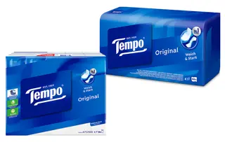 Eine Collage aus zwei Tempo Original-Packungen mit einem klaren Tempo-Logo und weißem Text auf blauer Verpackung.