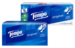Een collage van twee Tempo Original-verpakkingen met een duidelijk Tempo-logo en witte tekst op een blauwe verpakking