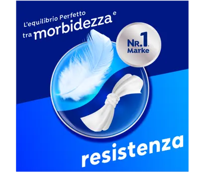 Un logo Tempo blu con una piuma e un fazzoletto annodato, che evidenzia la morbidezza e la resistenza dei fazzoletti Tempo.