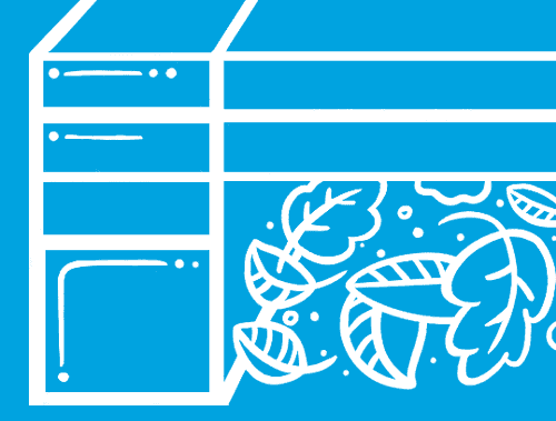 GIF su sfondo blu di materiali tra gli strati di pallet, con tubi di carta igienica come piccoli rifugi.