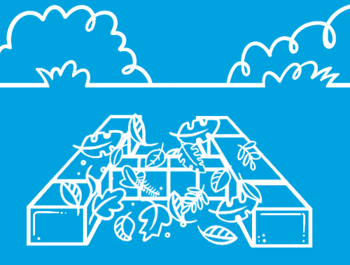 GIF su sfondo blu con pallet di legno impilati per costruire una compostiera con foglie sotto.