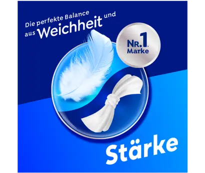Blaues Logo mit einer Feder und einem geknoteten Stück Tuch, welches die Eigenschaften Weichheit und Stärke von Tempo hervorheben.