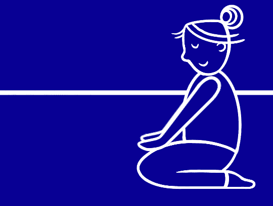 Geanimeerde GIF van een cartoonfiguur dat op de knieën zit, voorover buigt en de armen uitstrekt om de rug te rekken.