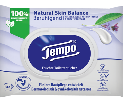 Die neuen Tempo Natural Skin Balance herunterspülbare Toilettentücher