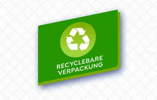 Grünes Etikett mit einem Recycling-Symbol und dem Text „RECYCLEBARE VERPACKUNG“ als Hinweis auf eine wiederverwertbare Verpackung.