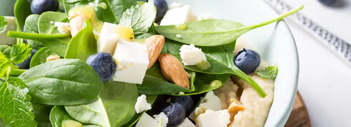 Frisch angerichteter Spinat Salat mit Heidelbeeren, Mandeln und Feta auf Bohnenpüree.
