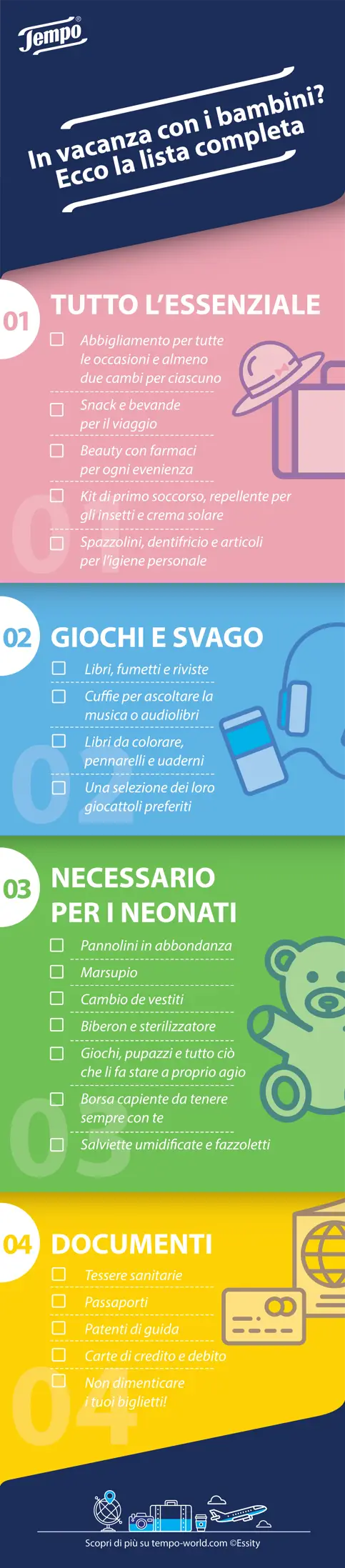Diagramma diviso in 4 sezioni di diversi colori che include una lista delle cose da portare in vacanza con i bambini.