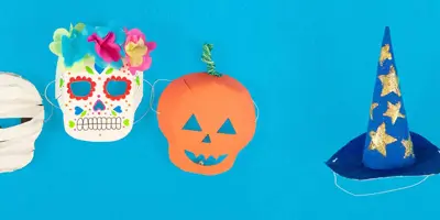 Selbstgemachtes Halloween Kostüm einer Mumie, einem Totenkopf und einem Kürbis mit Hexenhut