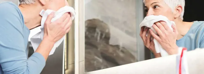 Frau mit kurzen, weißen Haaren sieht sich und ihre trändenden Augen im Badezimmerspiegel an