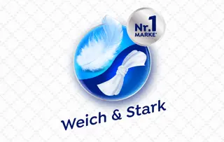 Blaues Logo mit weißer Feder und geknotetem Tuch, rechts oben mit „Nr. 1 Marke“ beschriftet. Der Text darunter lautet „Weich & Stark.