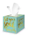 Quadratische Tempo Taschentuchbox mit dem Spruch „let your soul sparkle“ in Goldschrift auf türkisfarbenem Hintergrund.