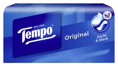 Afbeelding van een blauwe multipack Tempo Original-zakdoekjes dat onder een schuine hoek geplaatst is