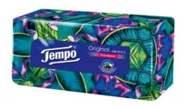 Moderne Tempo Original Box mit kräftigem Blumenmuster in Blau, Grün und Pink.