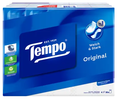Frontalansicht einer Tempo Original Taschentuch Packung in blau mit “Weich & Stark”-Siegel.